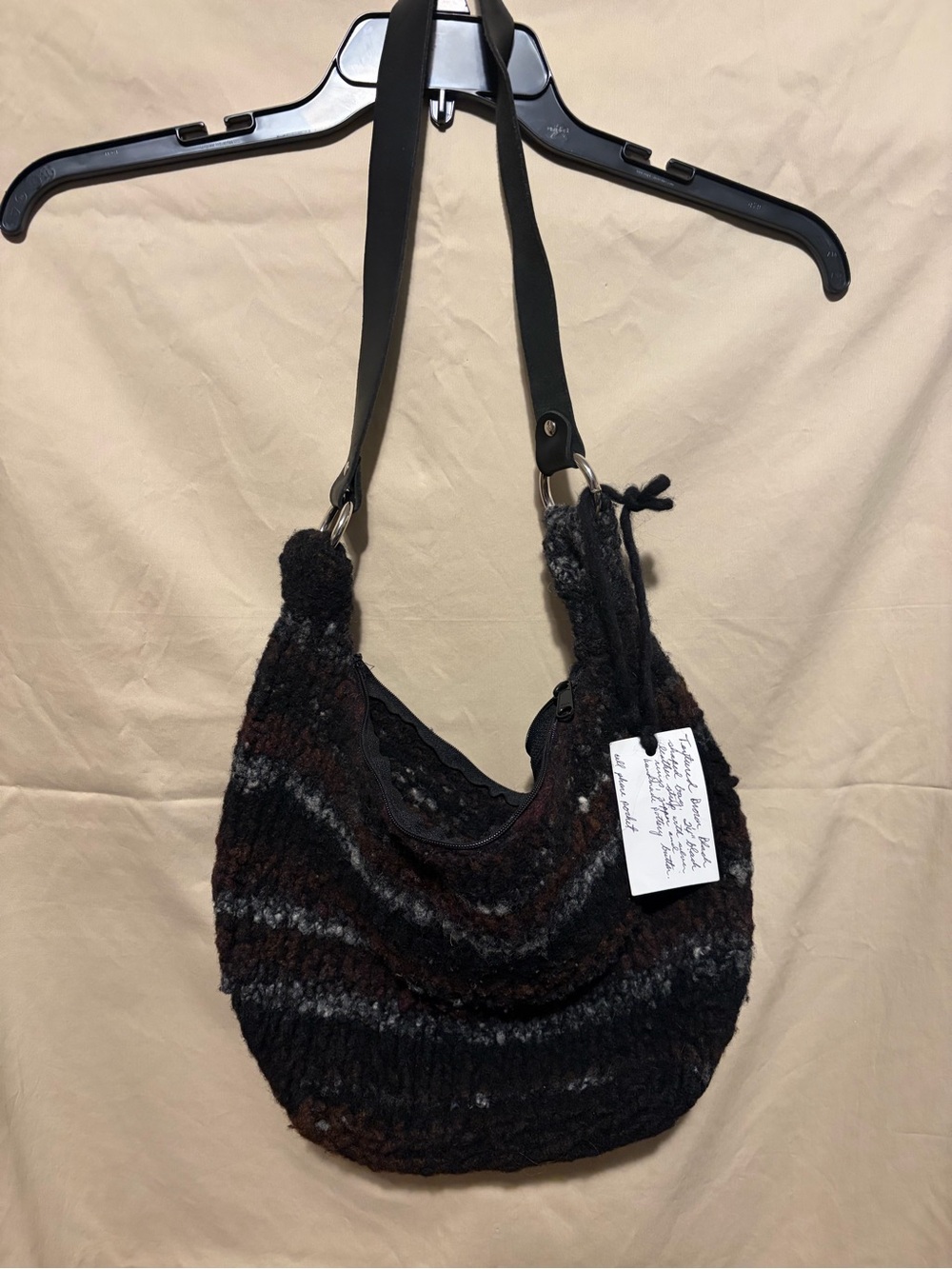 Source Unknown Handwoven Black, Brown & Gray Striped Hobo Bag